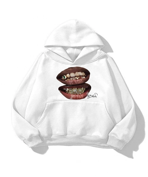 Beyaz Belief Baskılı Unisex Oversize Kapüşonlu Sweatshirt