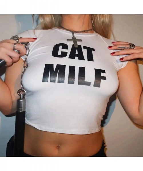Beyaz Cat Milf Yazı Baskılı Kadın Crop