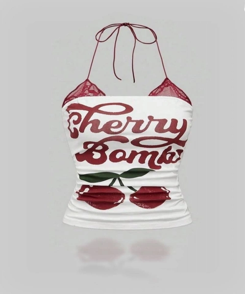 Beyaz Cherry Bomb Dantelli Ek Askılı Crop