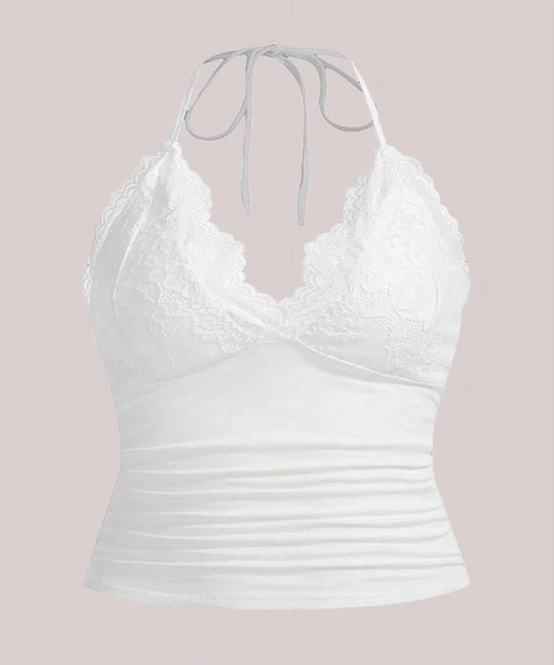 Beyaz Dantelli Bağlamalı Askılı Crop