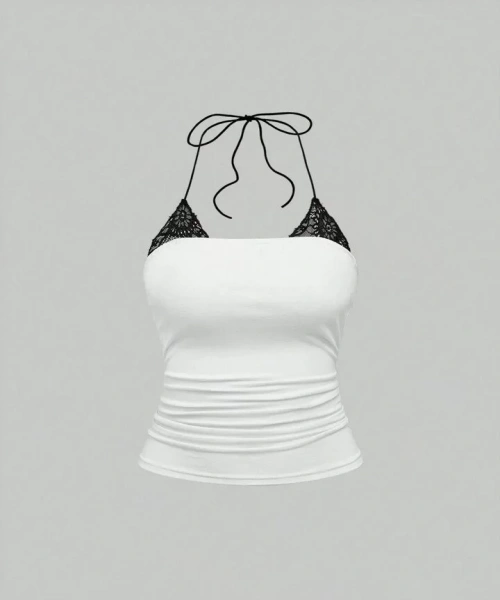 Beyaz Ek Dantelli Basic Crop