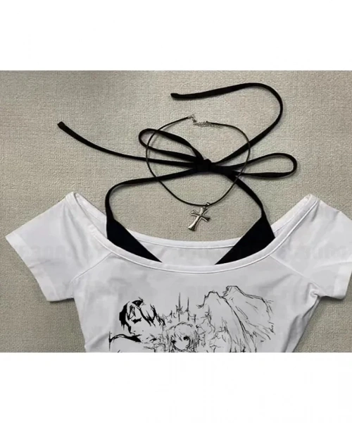 Beyaz Gothic Anime Yaka Ek Askılı Kısa Kollu Full Body Crop