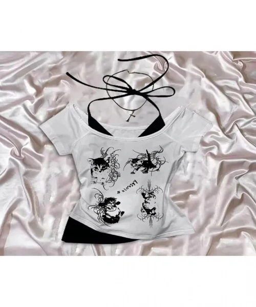 Beyaz Gothic Cat Yaka Ek Askılı Kısa Kollu Full Body Crop