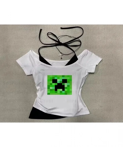 Beyaz Gothic Creeper Yaka Ek Askılı Kısa Kollu Full Body Crop