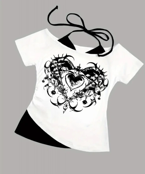 Beyaz Gothic Heart Yaka Ek Askılı Kısa Kollu Full Body Crop