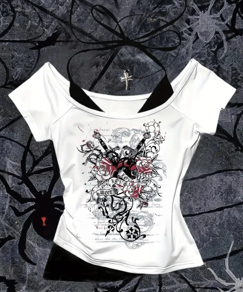 Beyaz Gothic Red Love Yaka Ek Askılı Kısa Kollu Full Body Crop