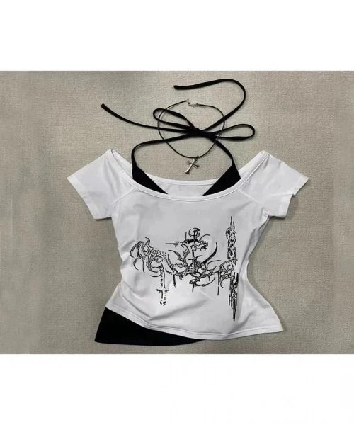 Beyaz Gothic Rock Yaka Ek Askılı Kısa Kollu Full Body Crop