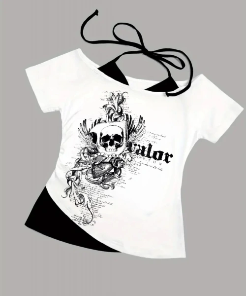 Beyaz Gothic Victory Yaka Ek Askılı Kısa Kollu Full Body Crop