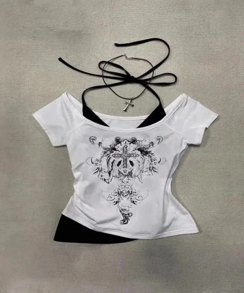 Beyaz Gotik Cross Wing Askılı Y2K Kısa Kollu Crop