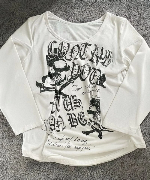 Beyaz Gotik Skulls Control Geniş Yaka Y2K Uzun Kollu Crop