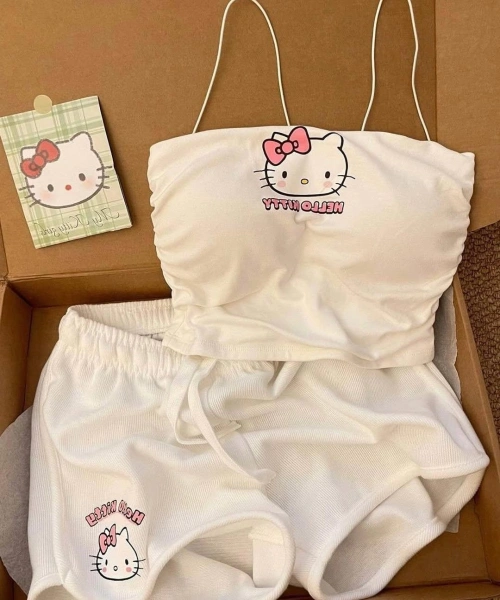 Beyaz Hello Kitty Crop Şort Alt Üst Takım