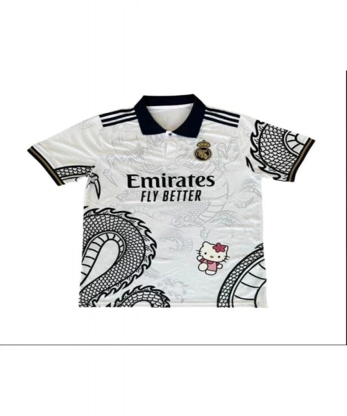 Beyaz Kitty Madrid Forma Dragon Jersey Siyah Düğmeli Yaka T-shirt