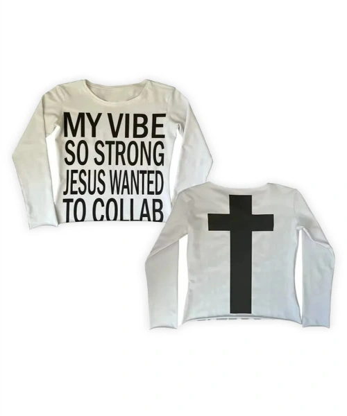 Beyaz My Vibe Cross Sırt Baskılı Y2K Uzun Kollu Crop
