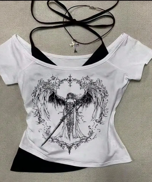 Beyaz Sword Warriror Angel Madonna Yaka Ek Askılı Kısa Kollu Full Body Crop