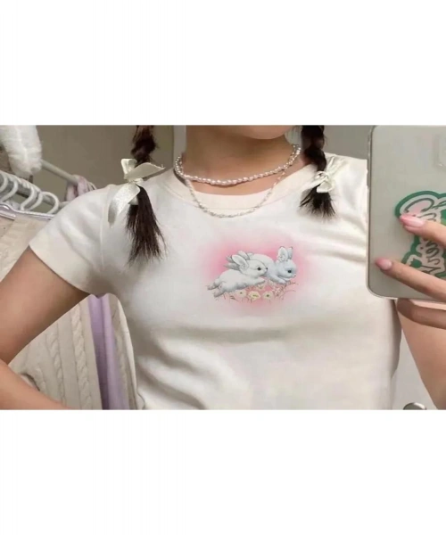 Beyaz Tavşan Rabbits Heart Baskılı Kadın Crop Body