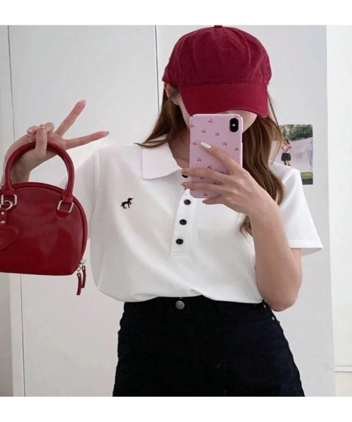 Beyaz Tek Boynuzlu At Baskılı Polo Yaka Düğmeli Kısa Kol Tshirt