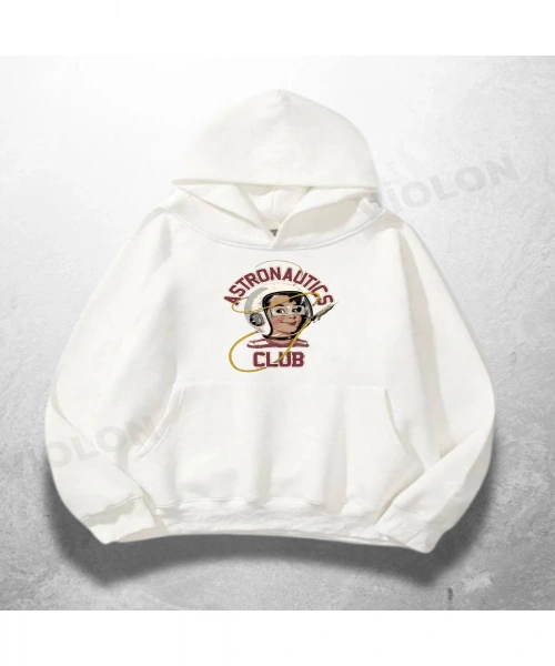 Beyaz Unisex Astronauts Club Baskılı Oversize Hoodie Sweatshirt