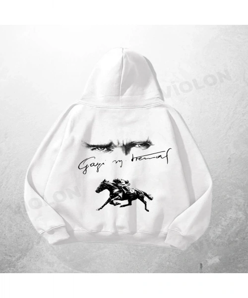 Beyaz Unisex Atatürk İmza Baskılı Oversize Hoodie Sweatshirt