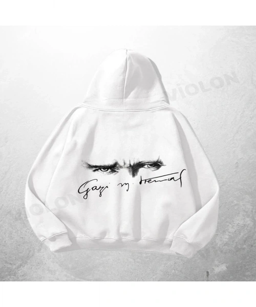 Beyaz Unisex Atatürk İmza Baskılı Oversize Hoodie Sweatshirt