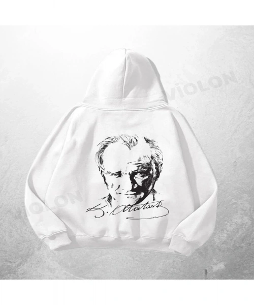 Beyaz Unisex Atatürk Portre Baskılı Oversize Hoodie Sweatshirt
