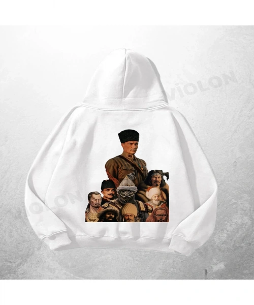 Beyaz Unisex Atatürk ve Çocuklar Baskılı Oversize Hoodie Sweatshirt