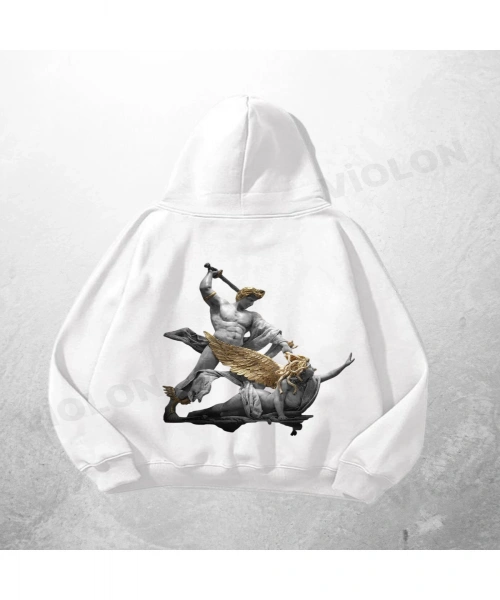 Beyaz Unisex Atlı Savaşçı Baskılı Oversize Hoodie Sweatshirt