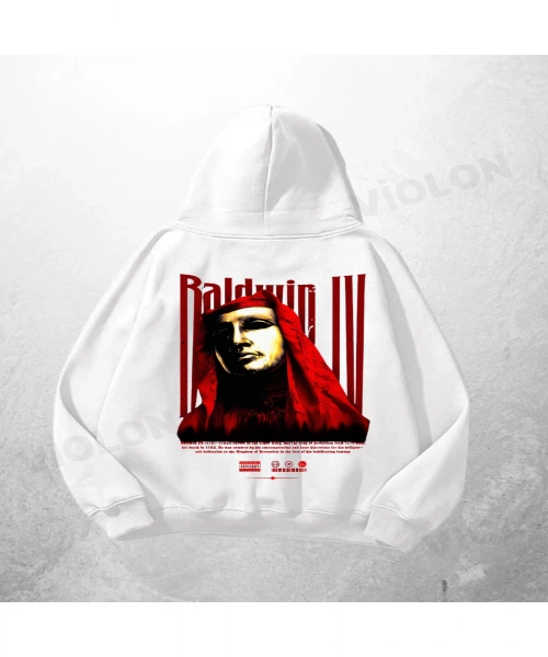 Beyaz Unisex Baldwin III Baskılı Oversize Hoodie Sweatshirt