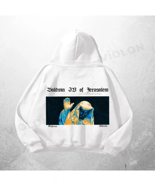 Beyaz Unisex Baldwin III Baskılı Oversize Hoodie Sweatshirt
