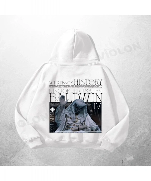 Beyaz Unisex Baldwin IV Baskılı Oversize Hoodie Sweatshirt