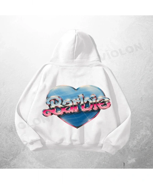 Beyaz Unisex Barbie Baskılı Oversize Hoodie Sweatshirt