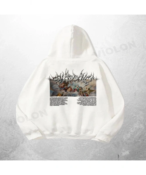 Beyaz Unisex Black Metal Logo Baskılı Oversize Hoodie Sweatshirt