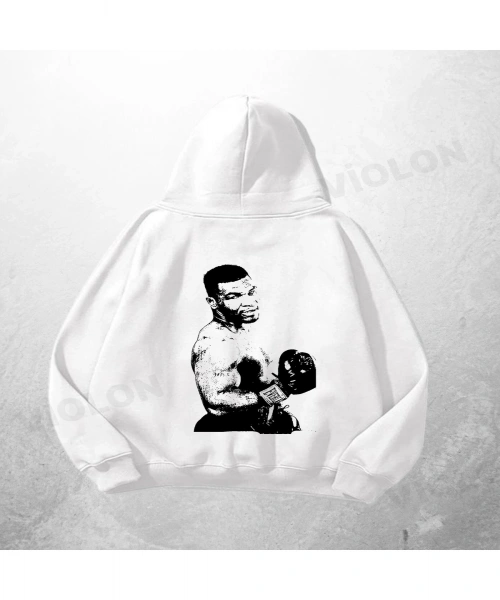Beyaz Unisex Boksör Baskılı Oversize Hoodie Sweatshirt