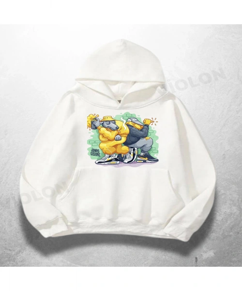 Beyaz Unisex Boxer Bears Baskılı Oversize Hoodie Sweatshirt