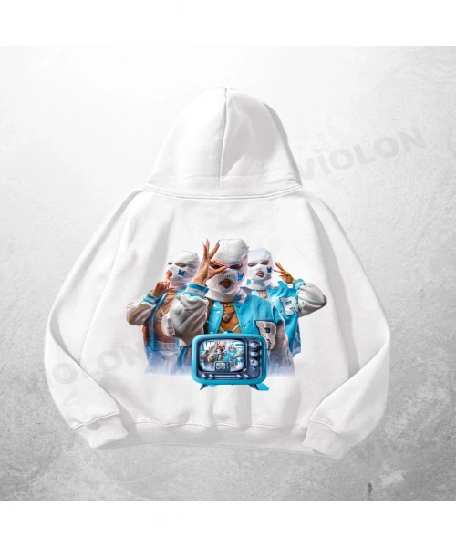 Beyaz Unisex Bunny Gang Baskılı Oversize Hoodie Sweatshirt