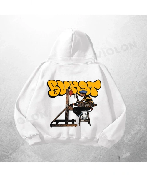 Beyaz Unisex BURST Graffiti Baskılı Oversize Hoodie Sweatshirt