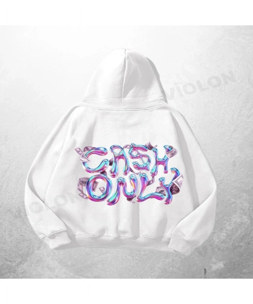 Beyaz Unisex Cash Only Baskılı Oversize Hoodie Sweatshirt