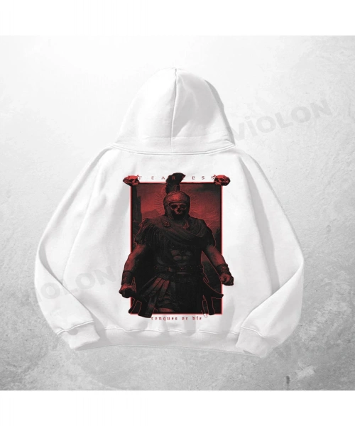 Beyaz Unisex Centurion Baskılı Oversize Hoodie Sweatshirt