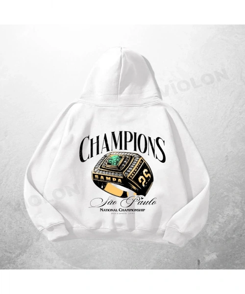 Beyaz Unisex Champions Yüzük Baskılı Oversize Hoodie Sweatshirt