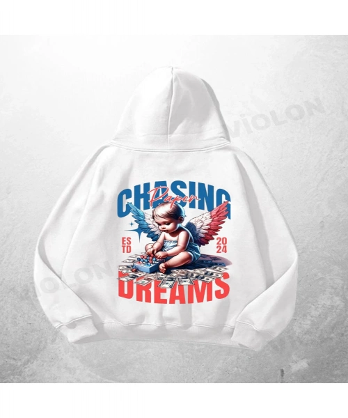 Beyaz Unisex Chasing Dreams Baskılı Oversize Hoodie Sweatshirt