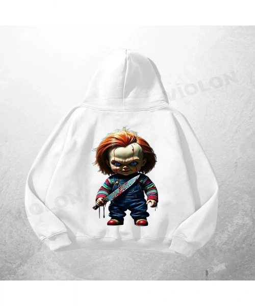Beyaz Unisex Chucky Baskılı Oversize Hoodie Sweatshirt