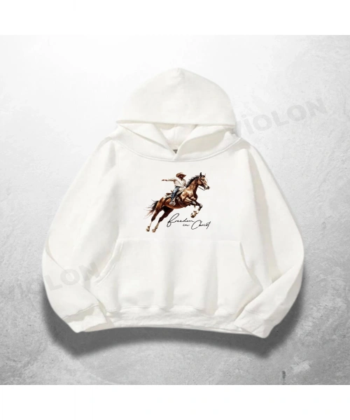 Beyaz Unisex Cowboy Baskılı Oversize Hoodie Sweatshirt