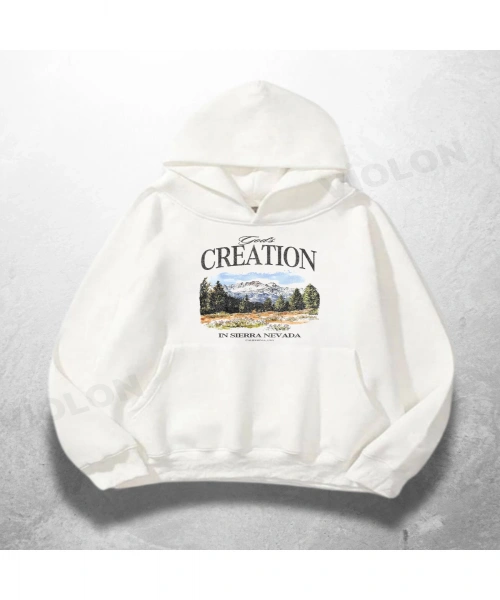 Beyaz Unisex Creation Baskılı Oversize Hoodie Sweatshirt