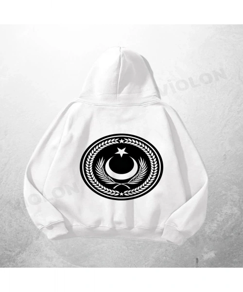Beyaz Unisex Crescent Star Baskılı Oversize Hoodie Sweatshirt