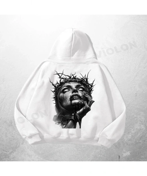 Beyaz Unisex Crown of Thorns Baskılı Oversize Hoodie Sweatshirt