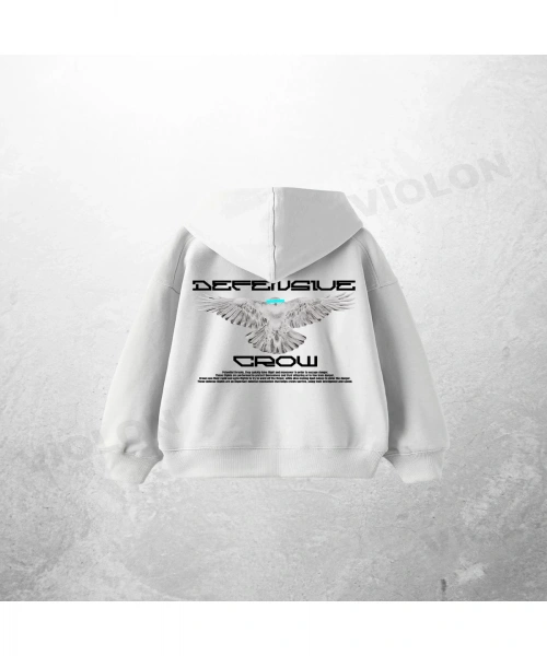 Beyaz Unisex Defective Crow Baskılı Oversize Hoodie Sweatshirt