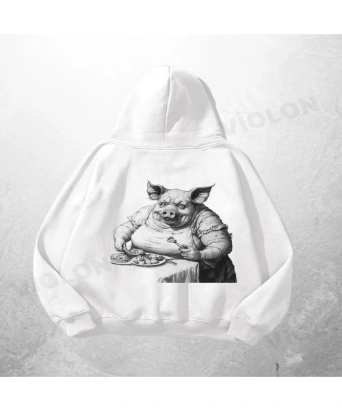 Beyaz Unisex Domuz Şef Baskılı Oversize Hoodie Sweatshirt