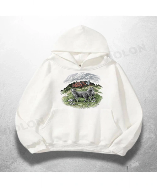 Beyaz Unisex Donkey Baskılı Oversize Hoodie Sweatshirt