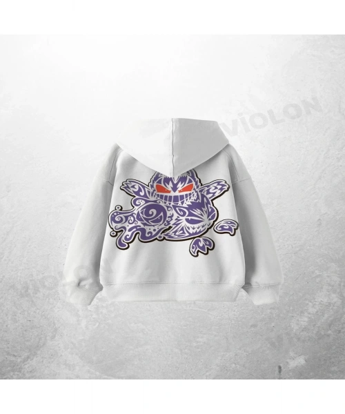 Beyaz Unisex Doodle Monster Baskılı Oversize Hoodie Sweatshirt