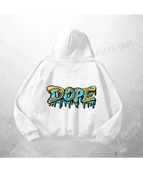 Beyaz Unisex Dope Baskılı Oversize Hoodie Sweatshirt