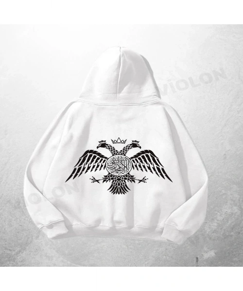 Beyaz Unisex Double Headed Eagle Baskılı Oversize Hoodie Sweatshirt